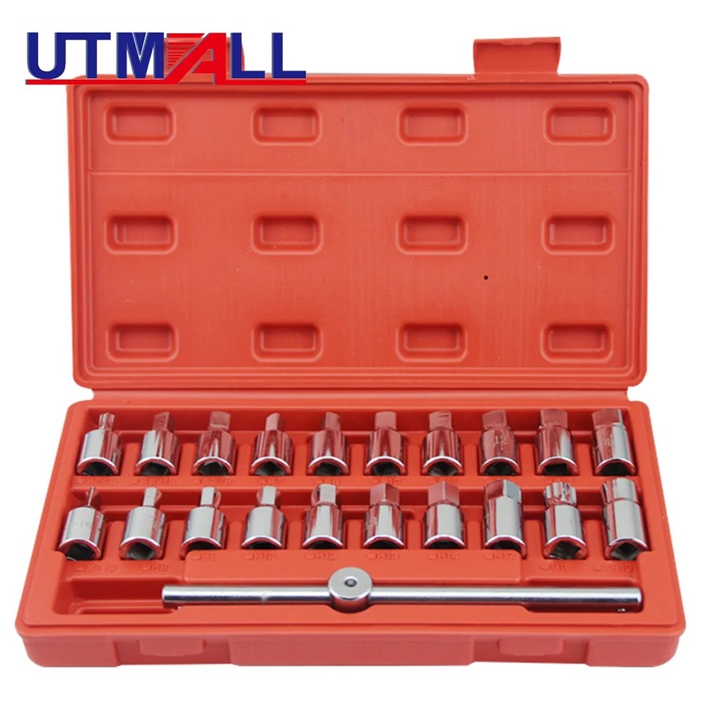 21PCS Oil Drain Plug Removal Tool Key Set Square Hexagon Socket Kit Nut Adaptor