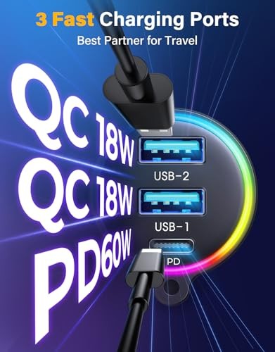 96W FM Transmitter Bluetooth 5.4 Car Adapter Aux with 3 Charging Black