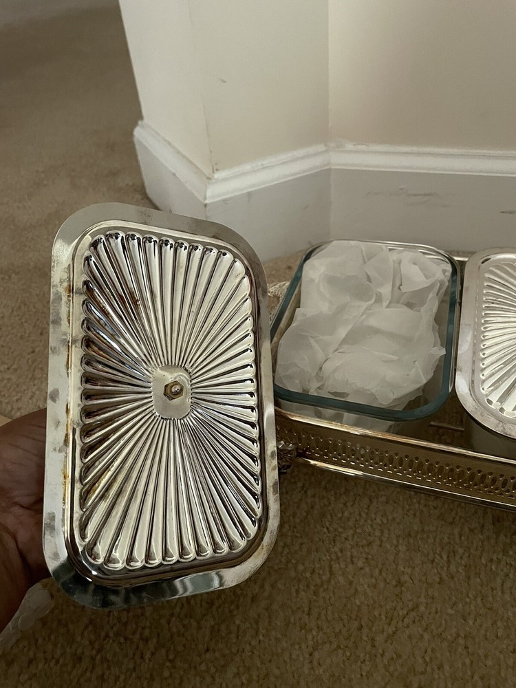 Vintage Silver Plated Covered Triple Baker w/Glass Liners
