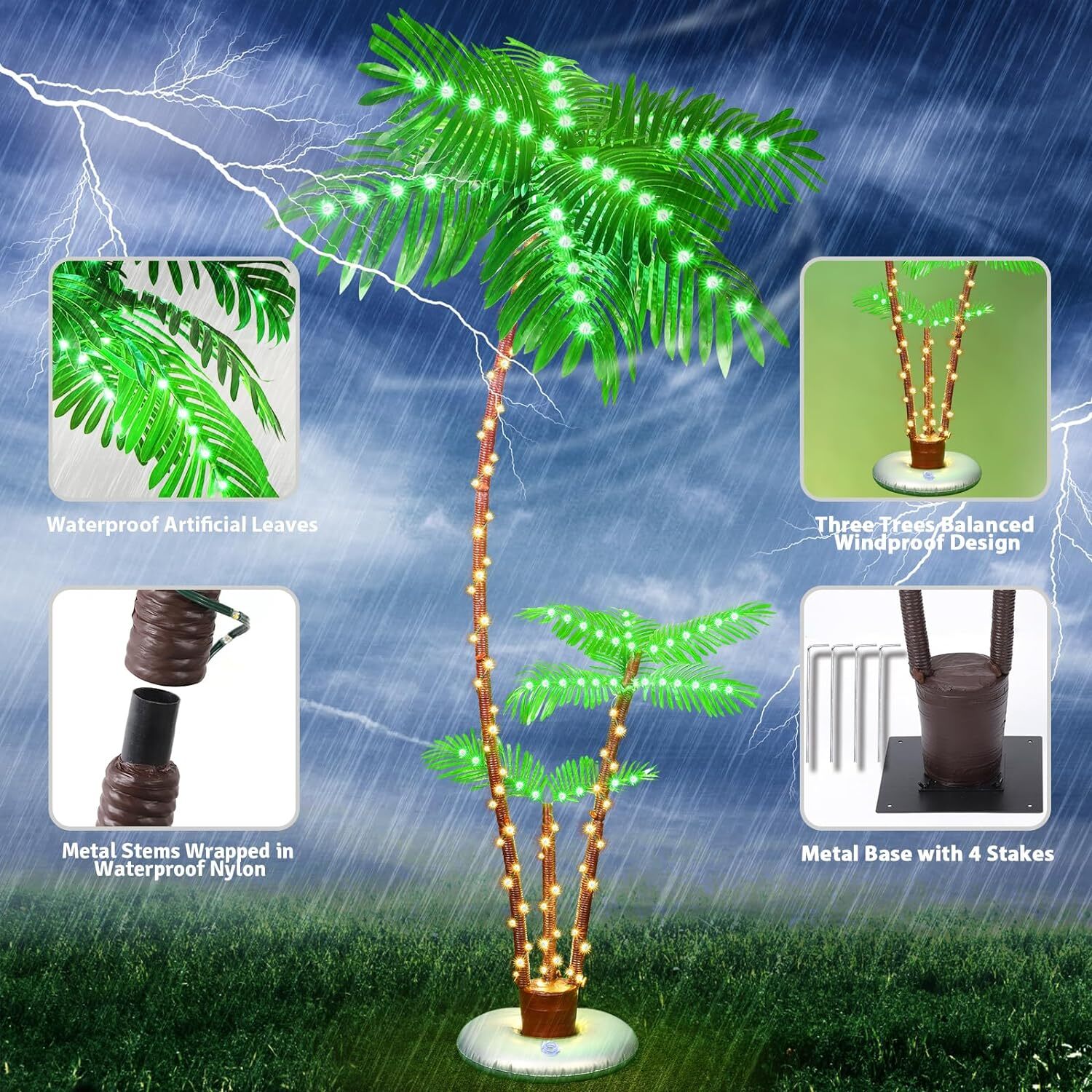 7FT Lighted Palm Tree 3 Trunks LED Christmas Tree Lights for Yard Pool Bar Party