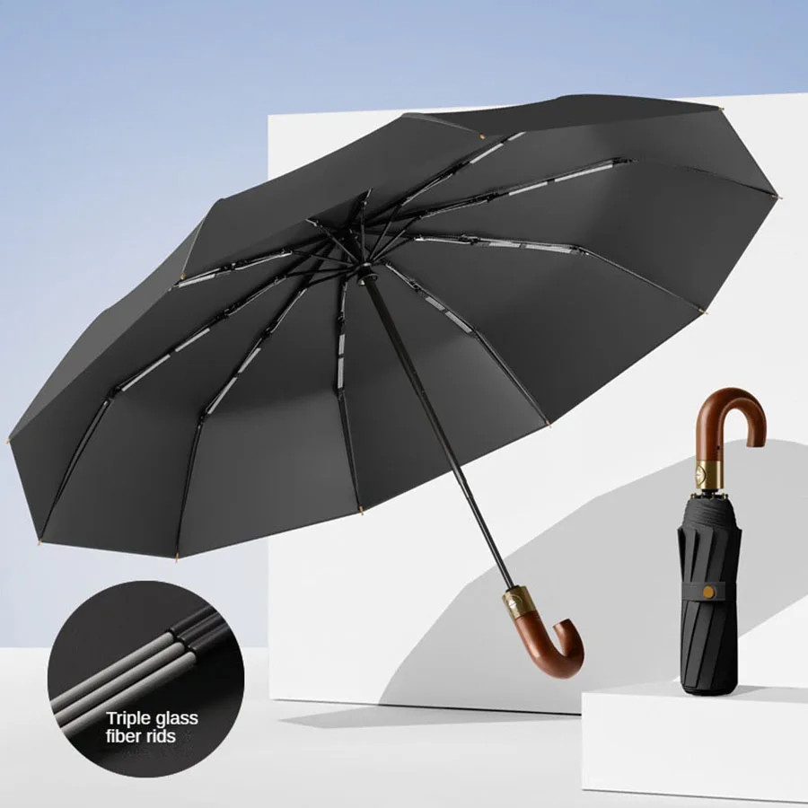 Windproof UV protection casual folding UPF50+automatic umbrella handle curved ha