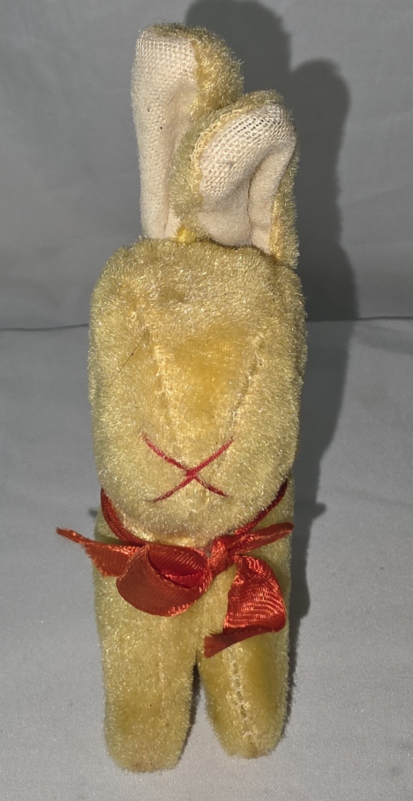 Vintage Small Yellow Stuffed Rabbit Plush with Glass Eyes and Red Ribbon Bow