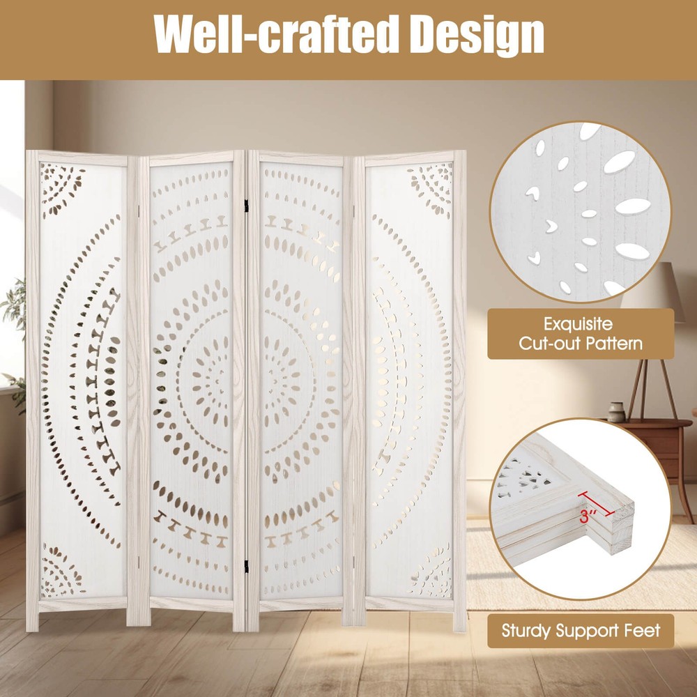 66" Boho 4-Panel Room Divider with Carved Pattern & Solid Wood Frame 360° Hinges