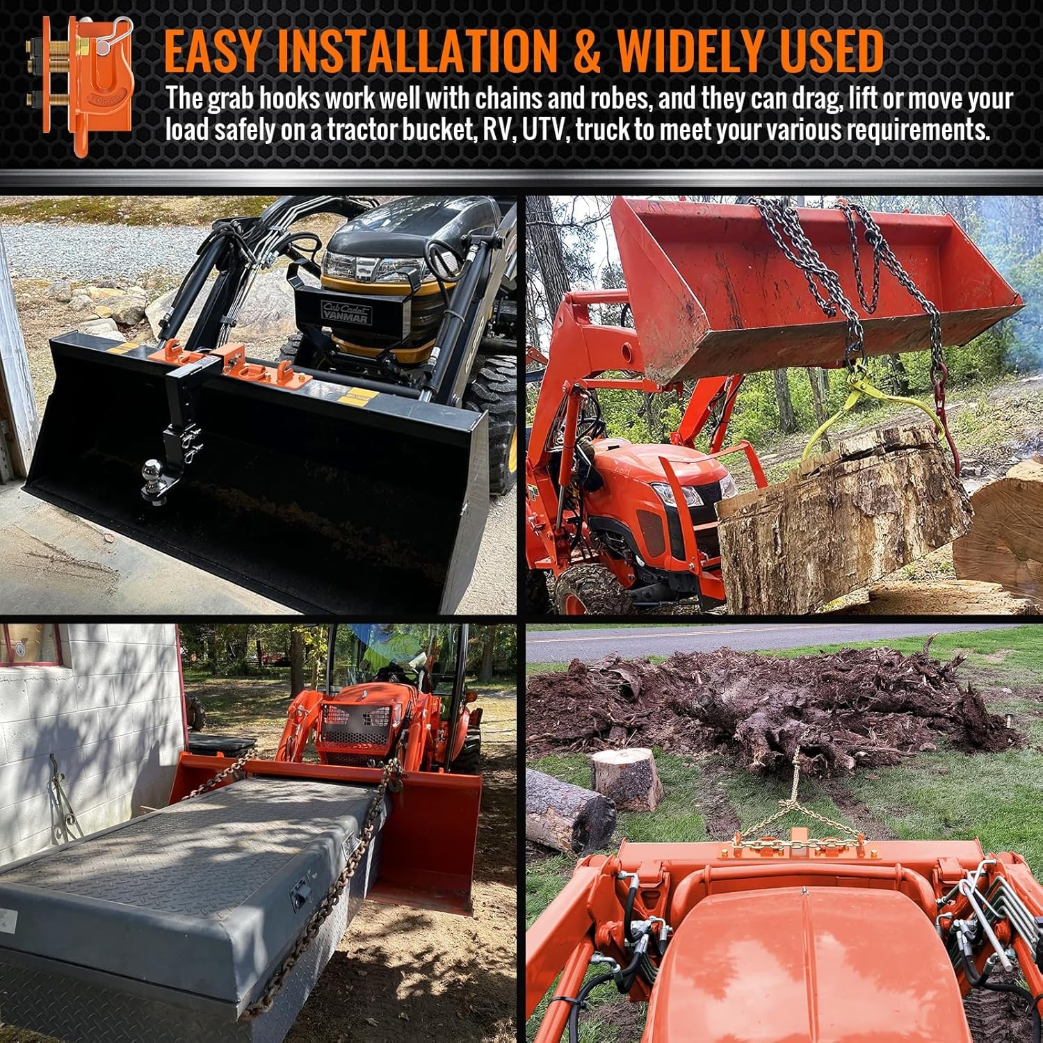 Bolt On Compact Tractor Bucket Grab Hooks with 2" Receiver and Back Steel Plate