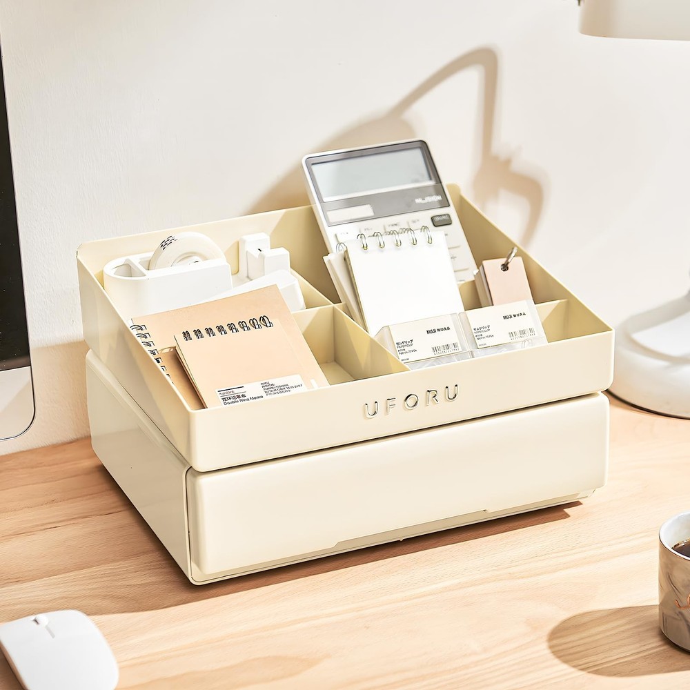 Desk Organizer with 6 Compartments, 2 Tier Stackable Storage Drawers Plastic ...