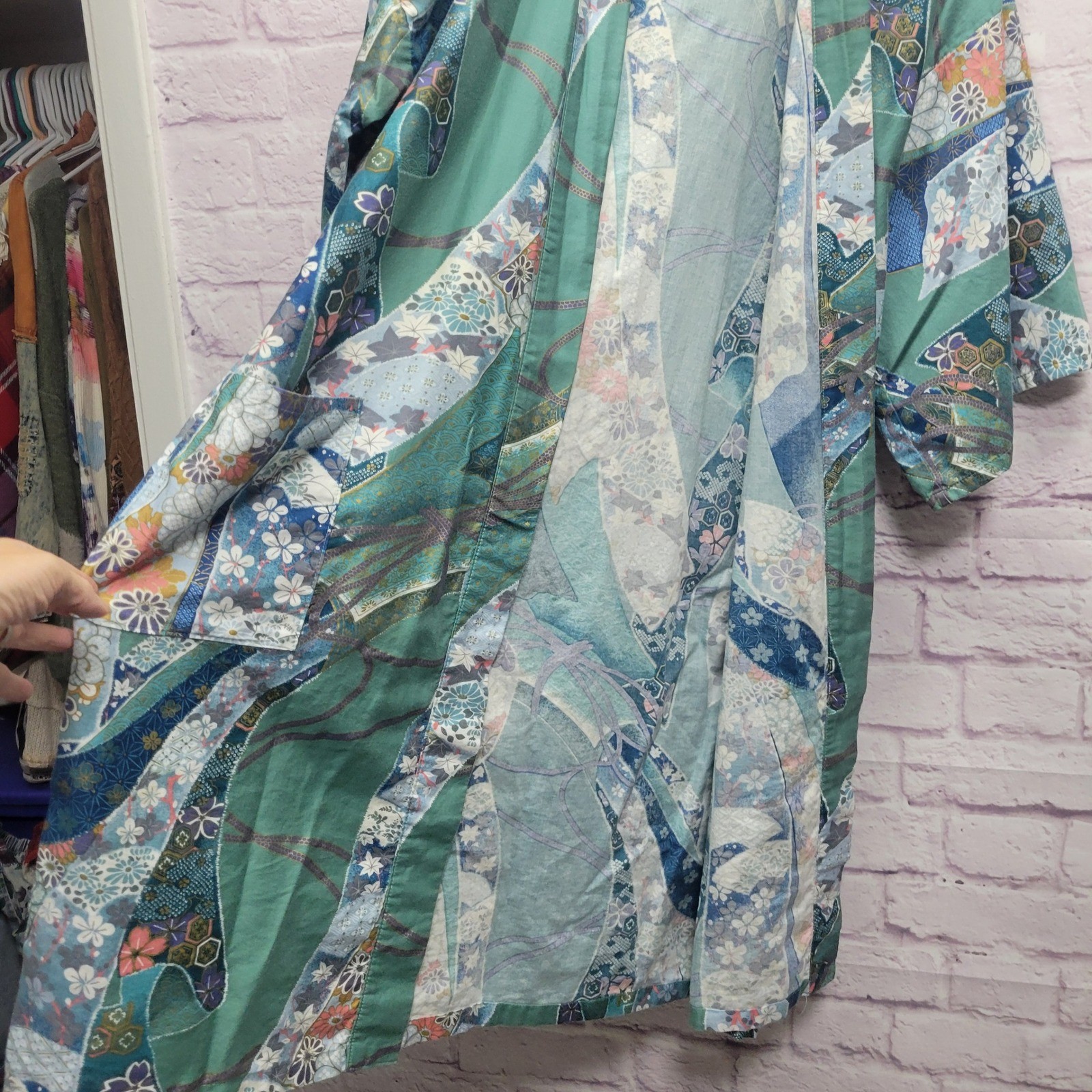 VTG Japanese Kimono Yakuta Robe Womens Sz 42 Traditional Blue Patchwork Floral