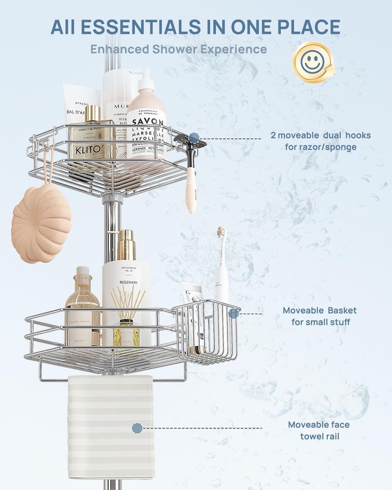 Adjustable Corner Shower Caddy with 4 Shelves No Drilling for Shower Storage