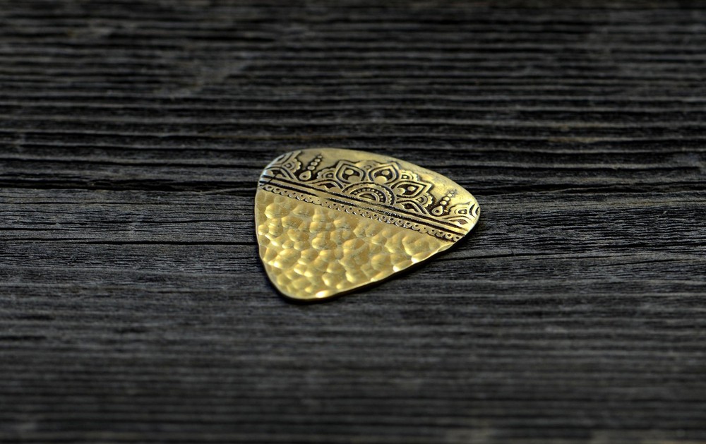 Bronze mandala mendhi guitar pick with sparkling hammered texture - handmade