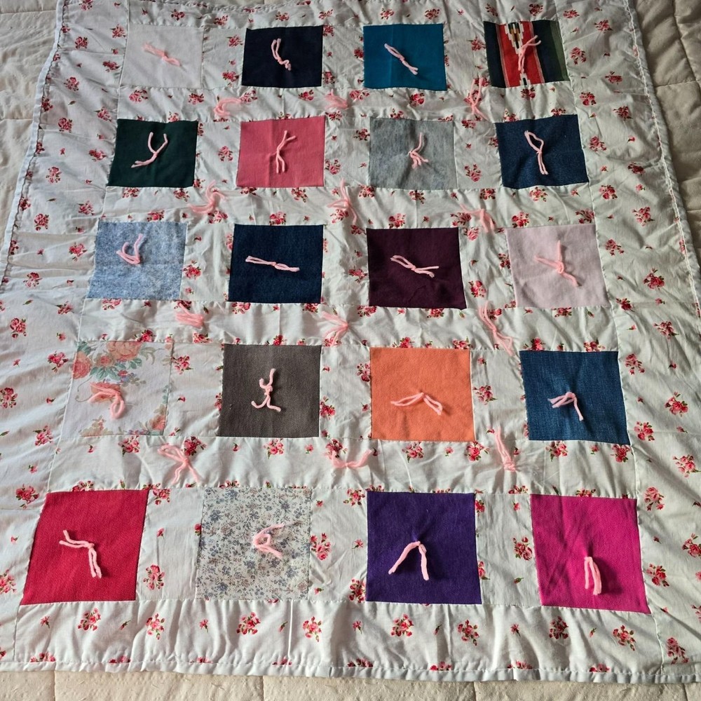 Handmade Child Tie Quilt 43"x39" Patchwork Square Blanket Pink Gingham Back