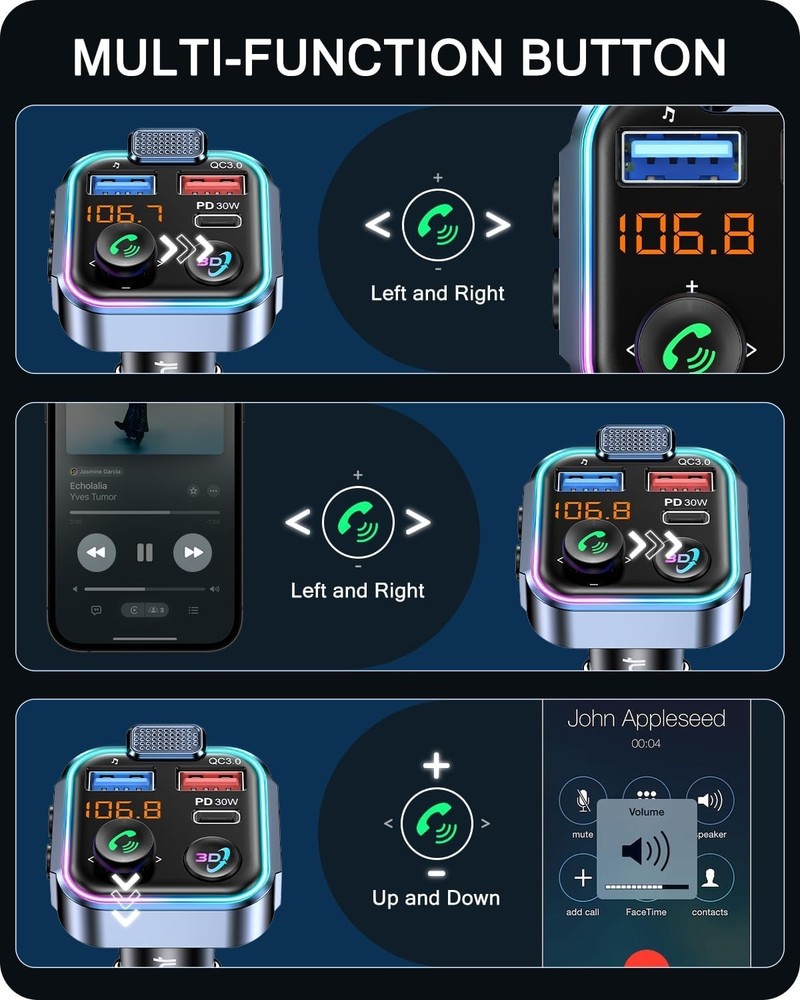 Multi-Function Bluetooth FM Transmitter with 3D Audio, USB Support & LED Design