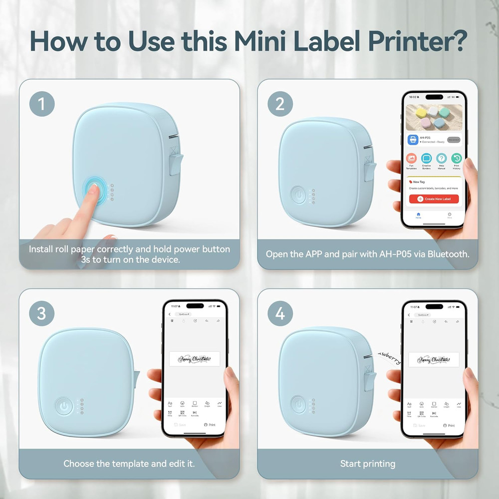 Mini Label Maker Machine with Tape AH-P05, Portable Bluetooth Mini Label Printer