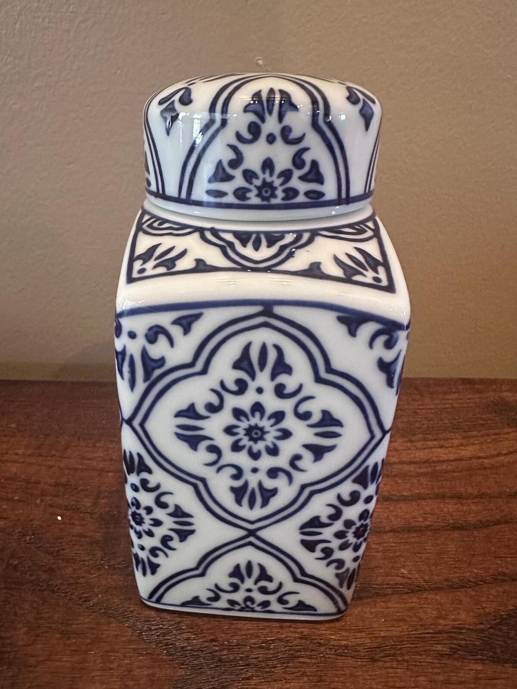 Blue and White Patterned Square Ginger Jar