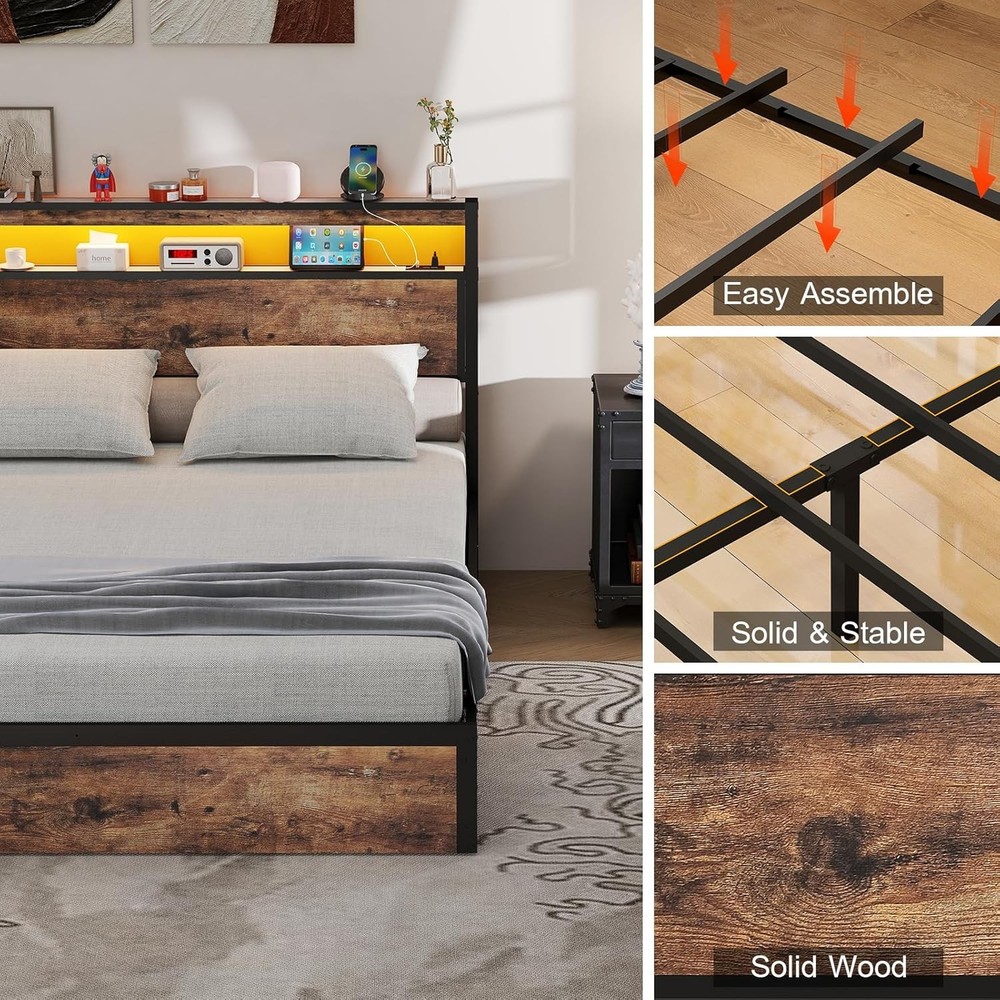 Lift Up Storage Bed Frame Headboard Platform with AC &Type-C & USB Charging