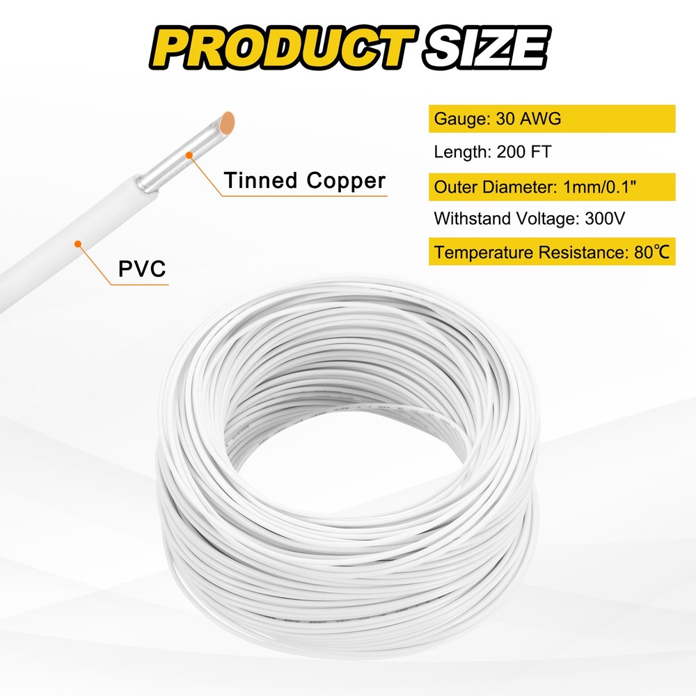 30 Gauge Hook Up Wire 200FT 300V Tinned Copper Electrical Wire, White
