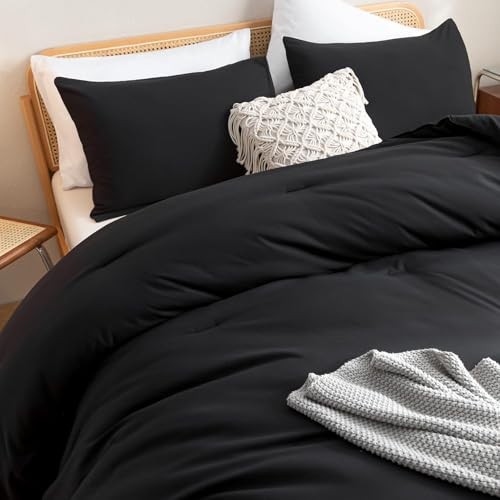 3PCS Black Size Comforter Set with 2 Pillowcases, Brushed Full Solid Black