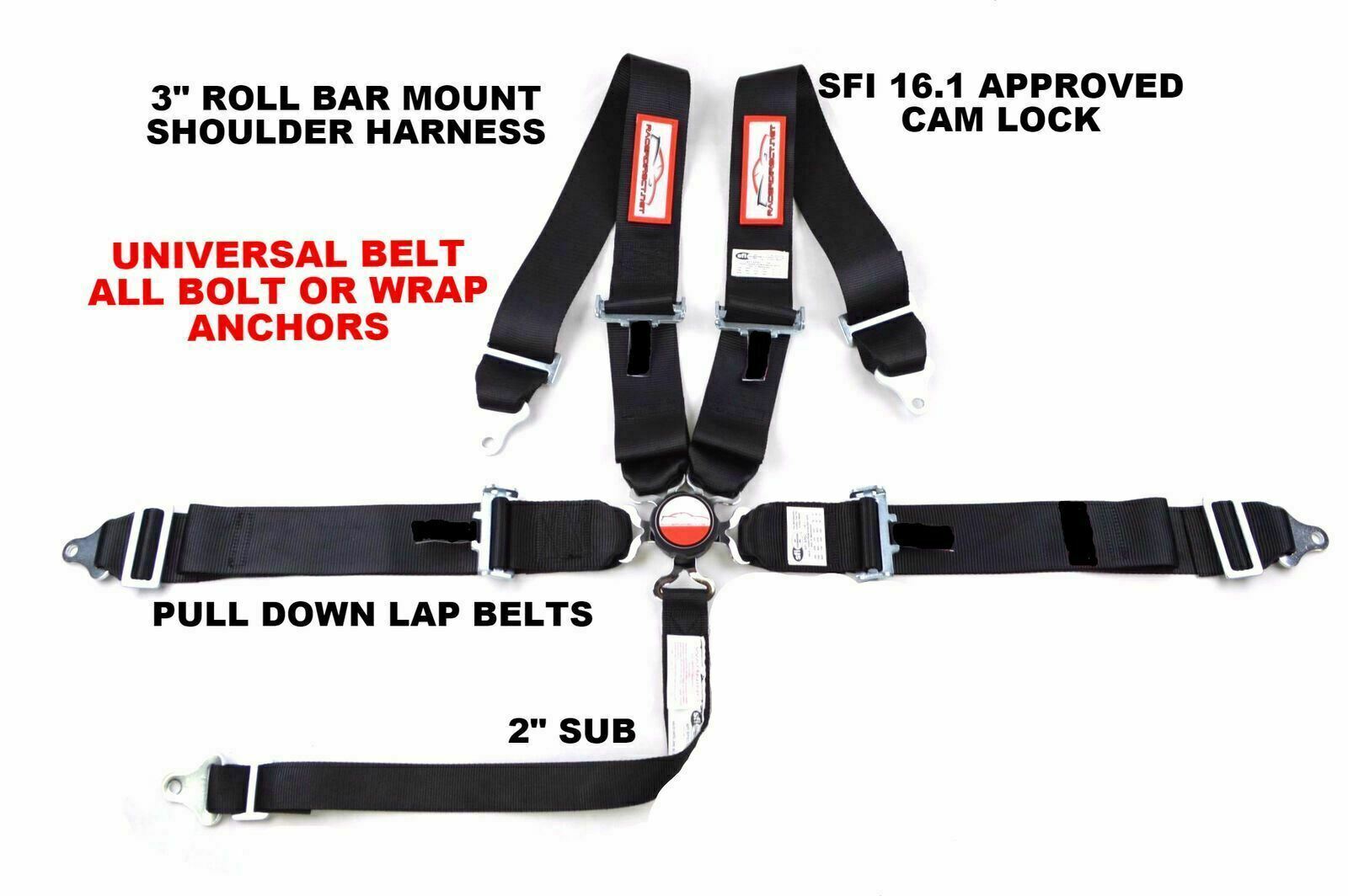 RACING HARNESS SFI 16.1 CAM LOCK 3" UNIVERSAL 5 POINT BOLT OR WRAP BLACK