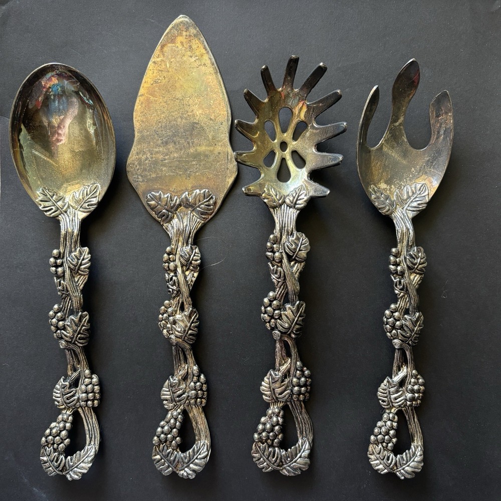 Godinger Silver Art Co Grape Vine Hostess Serving Set 4pc Sticker Patina VTG