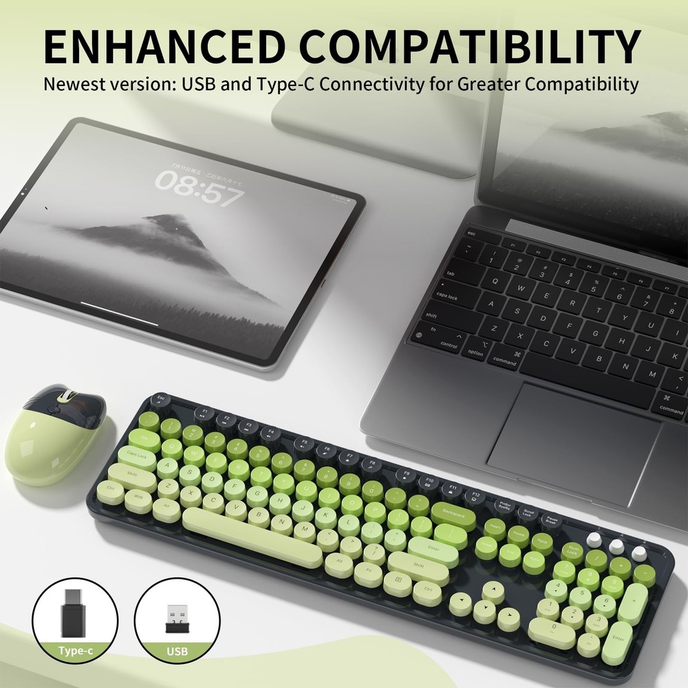 Wireless Keyboard and Mouse Retro Typewriter Round Keycaps Gray Green