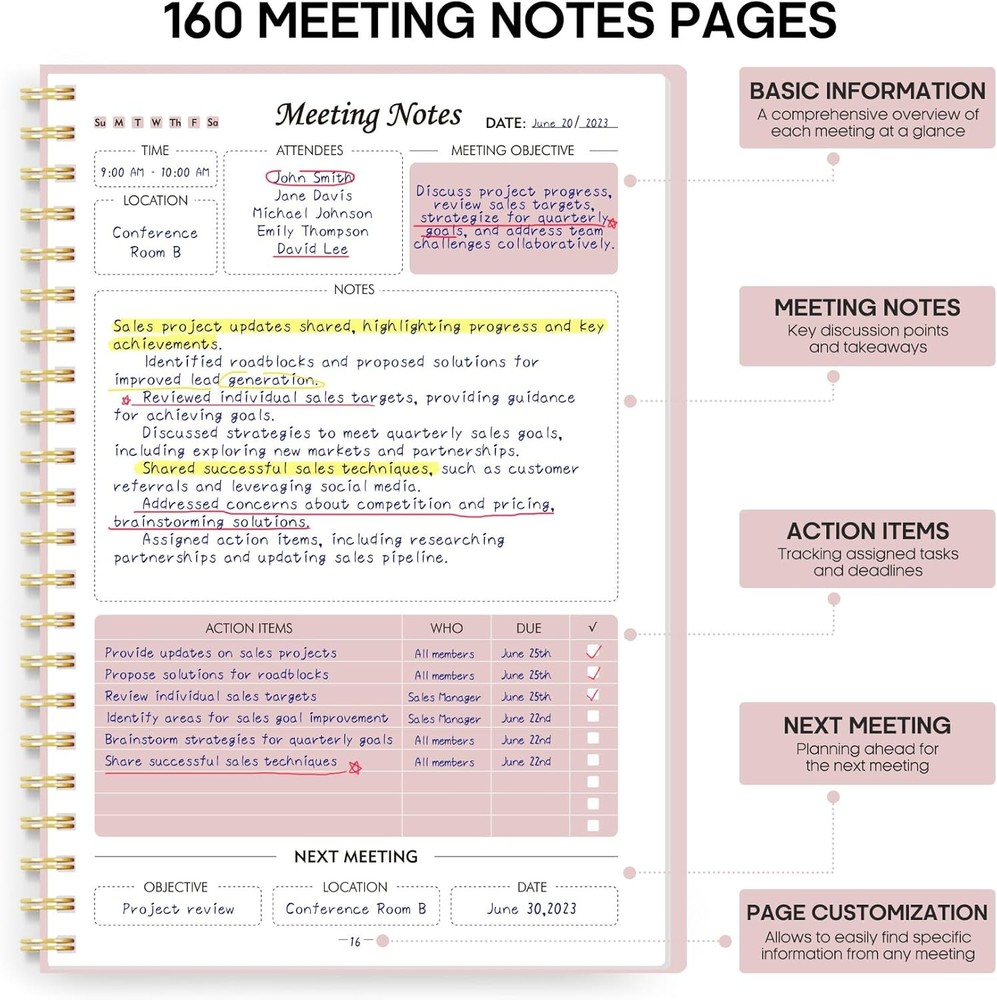 Meeting Notebook for Work Organization - Planner 1 Pack, c. Pink