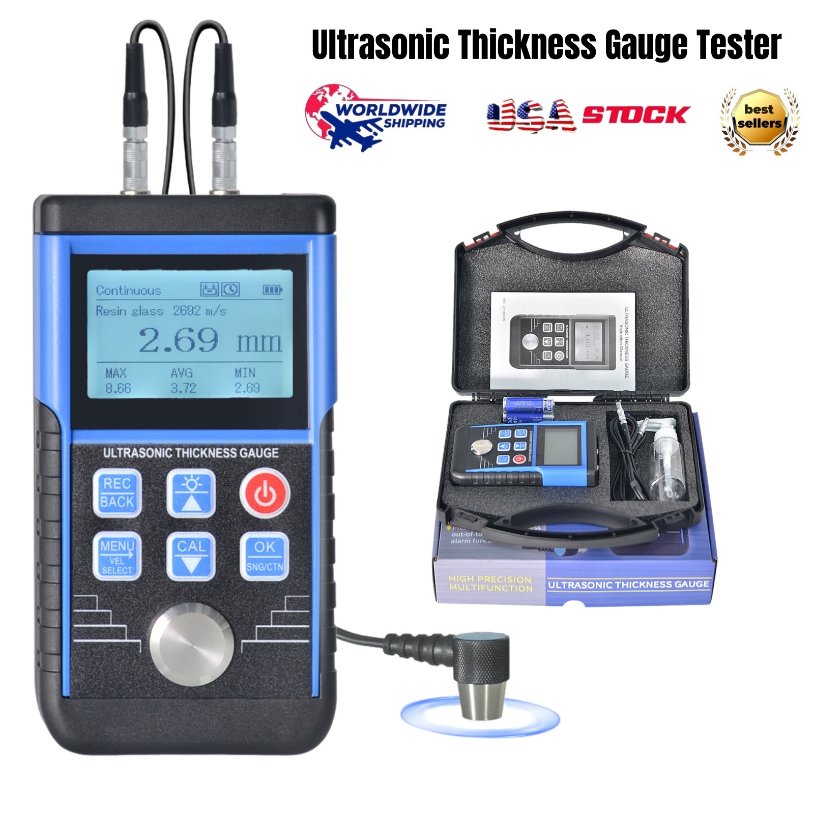 Digital Ultrasonic Thickness Gauge Tester Meter 0.8-500mm Plastic Steel Metal US