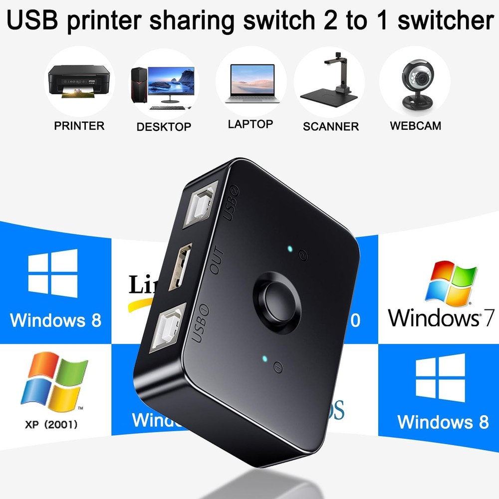USB2.0 Printer Sharer Switcher 2 Port USB B Print Selector Switch Adapter, 2 ...