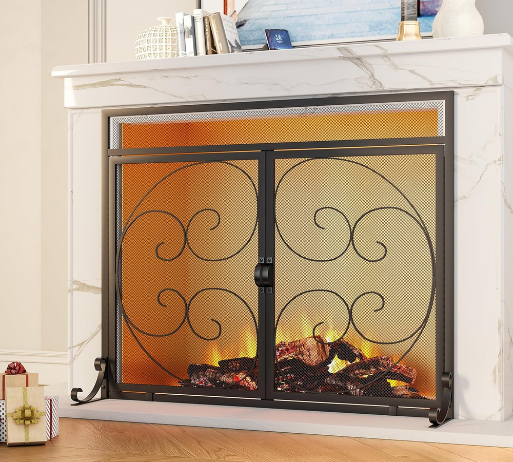 Fireplace Screen with Magnetic Doors,Handcrafted Wrought Iron Classical Scroll D