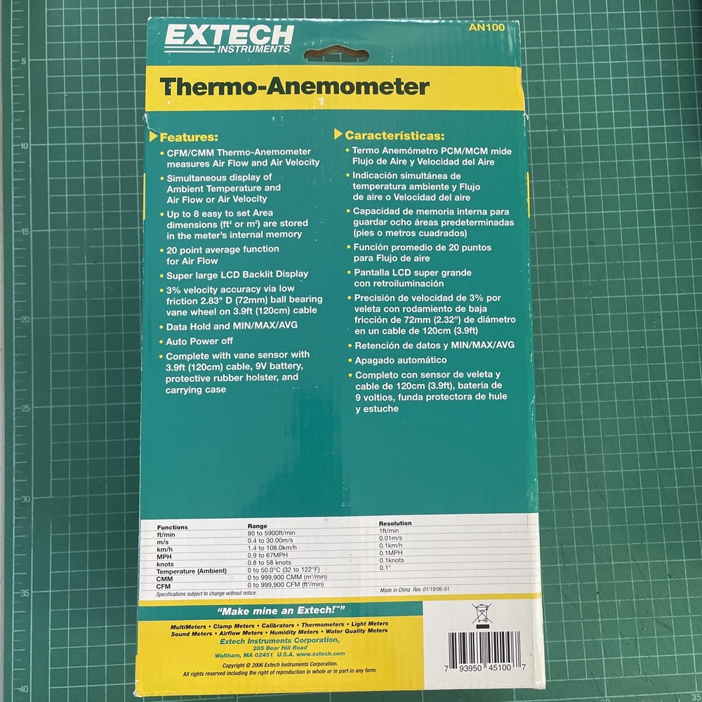 Extech AN100 Thermo Anemometer Measure Air Flow & Velocity CFM/CMM