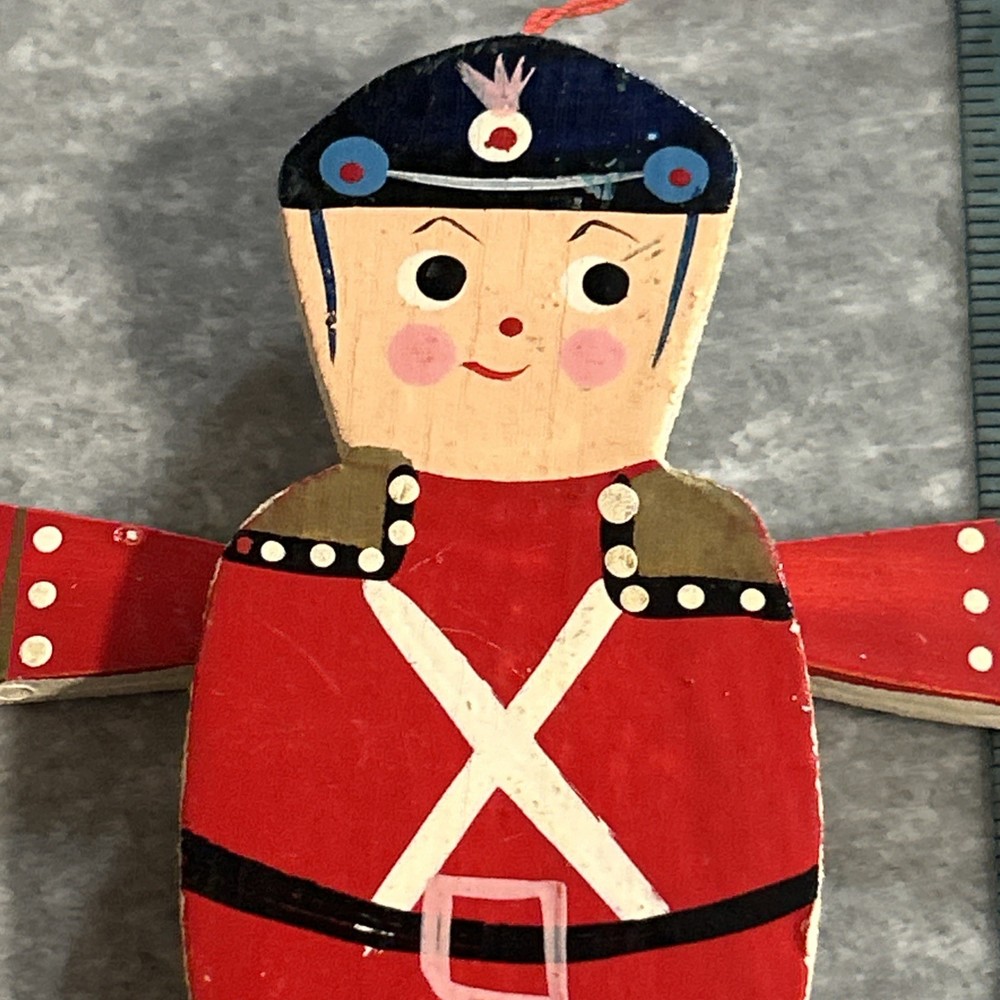 String Pull Puppet Soldier Ornament / Toy - Hand Painted - 5” - Vintage