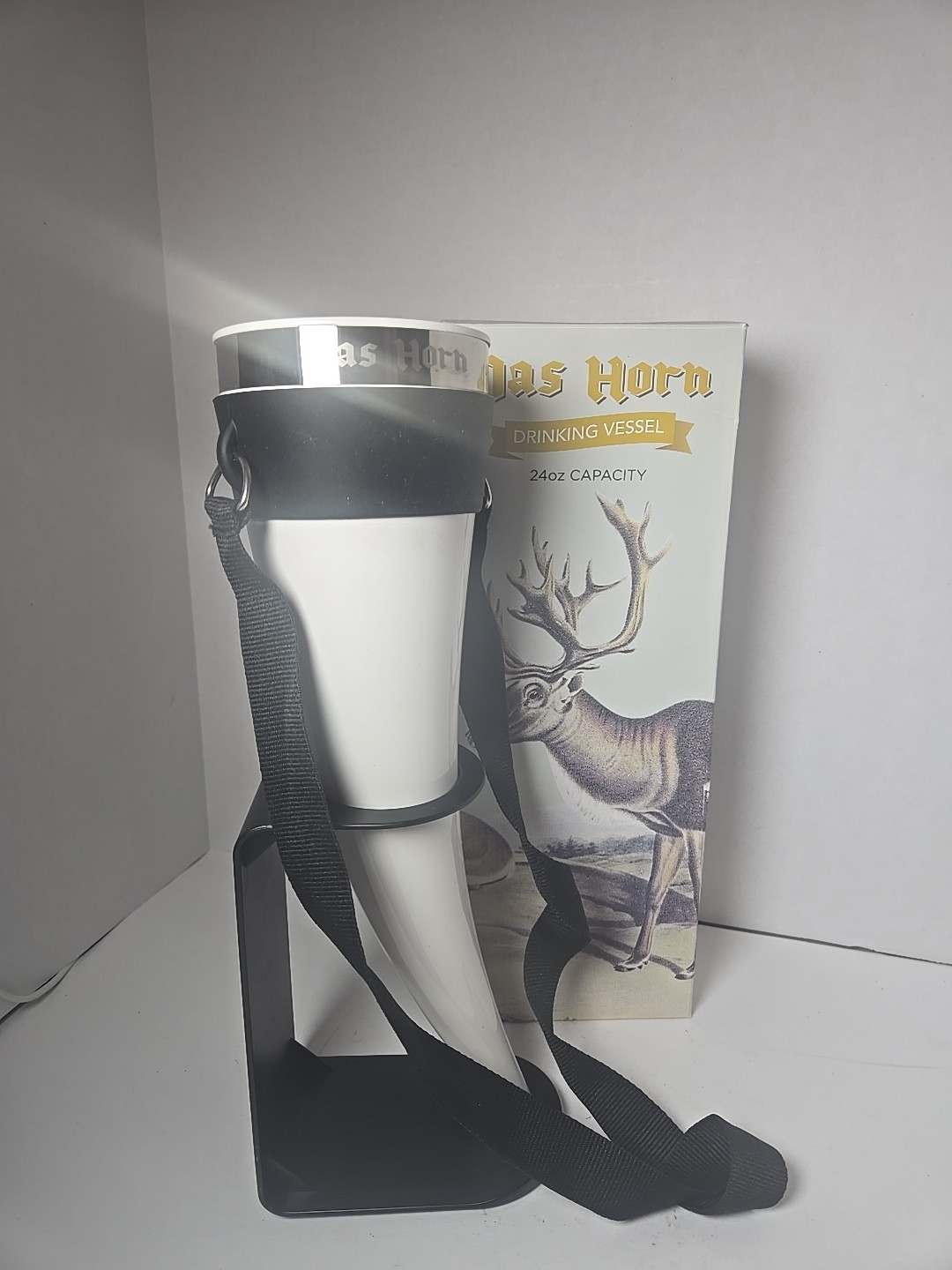 Drinking Vessel Horn with Holder and Neck Strap. Das Horn. 24 Oz. New Open Box