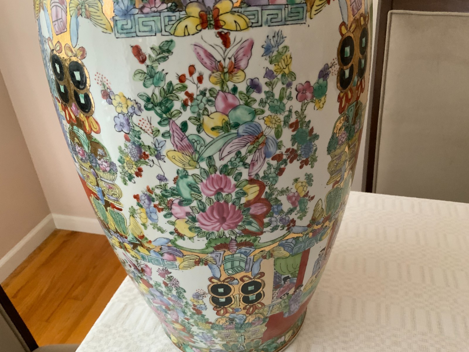 Large 24" Vintage Chinese Polychrome floor vase scenes flowers people