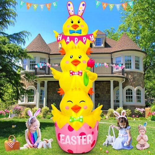 7.1FT Easter Inflatable Outdoor Decoration Inflatable Three Chicks, Built in