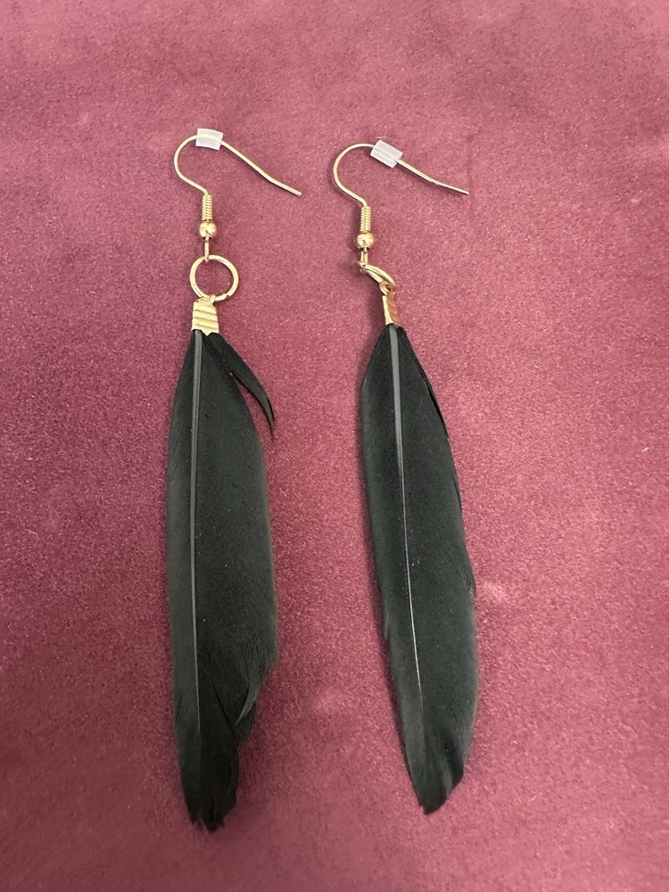 Black Feather Dangle Drop Earrings Gold Hook Bohemian