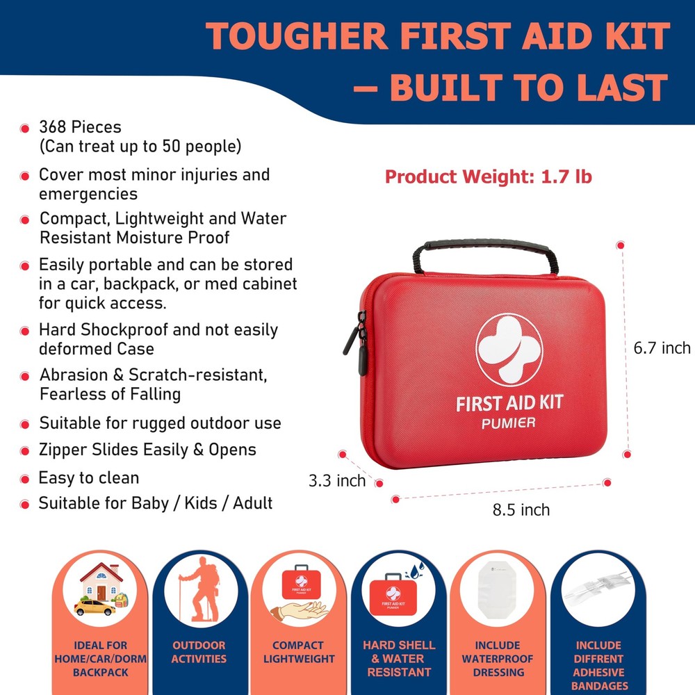 First Aid Kit - 368pcs Waterproof Compact Portable Hard Case - Large, Red