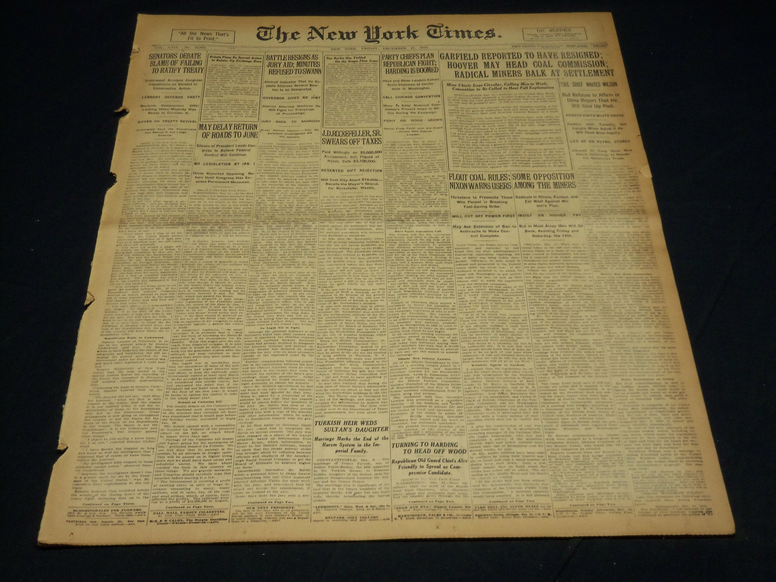 1919 DECEMBER 12 NEW YORK TIMES - HOOVER MAY HEAD COAL COMMISSION - NT 7953