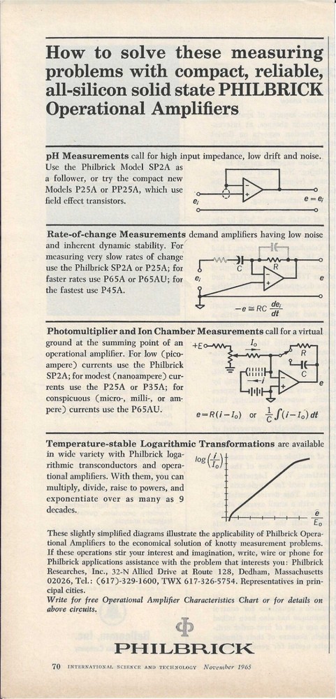 1965 Philbrick Operational Amplifiers Print Ad ~ All-Silicone Solid-State Amps