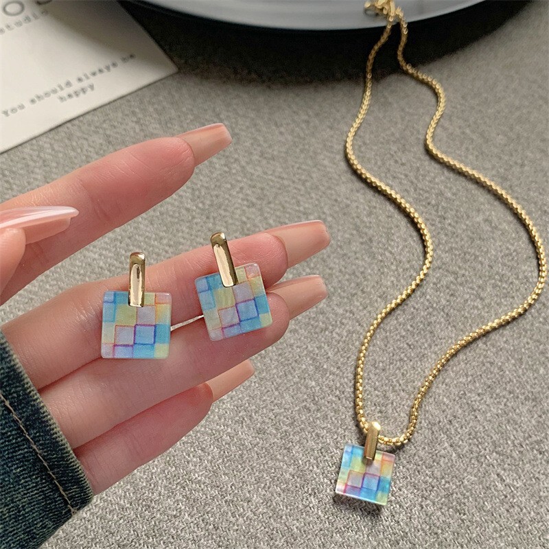 Square Multicolored Pendant Necklace Earring Set Multicolored Gold based