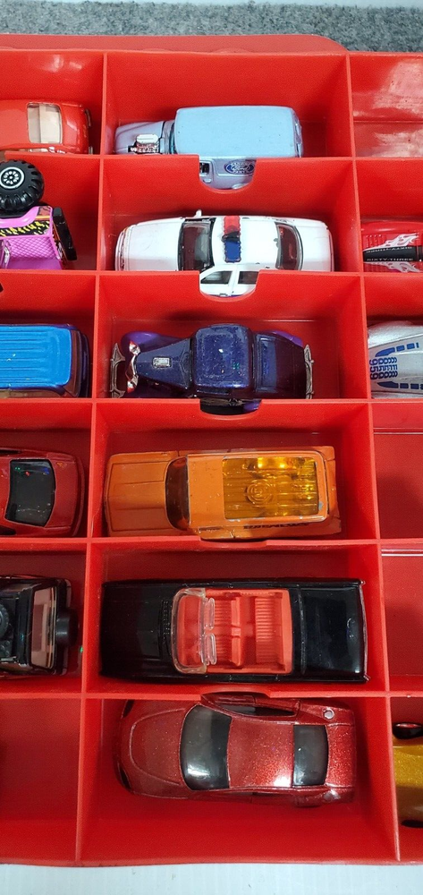 45 Hot Wheels/Hasbro/Misc vehicles in Plastic Red storage case.