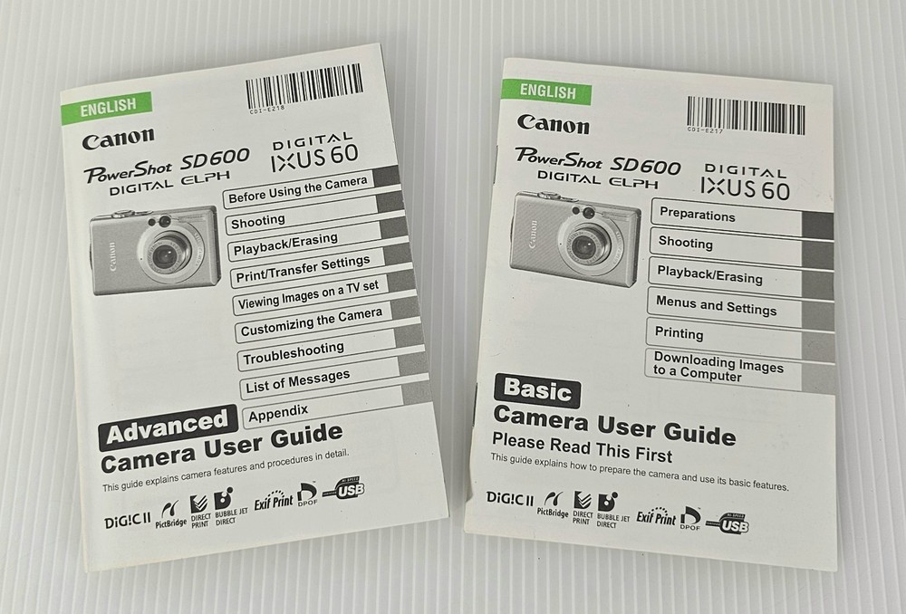 Canon Powershot SD600 Advanced & Basic User Guides, Genuine Original