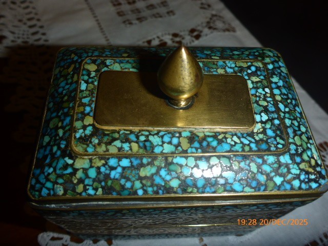 Antique Turquoise Chip Mosaic On Brass Rectangular Hinged Double Box Tea/Snuff
