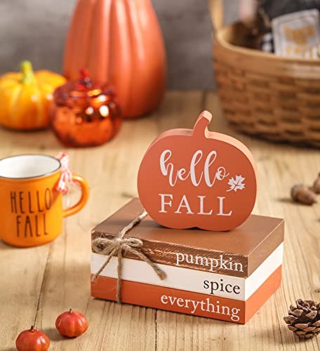 Fall Wood Book Stack, Fall Thanksgiving Decorations Tiered Hello Fall & Pumpkin