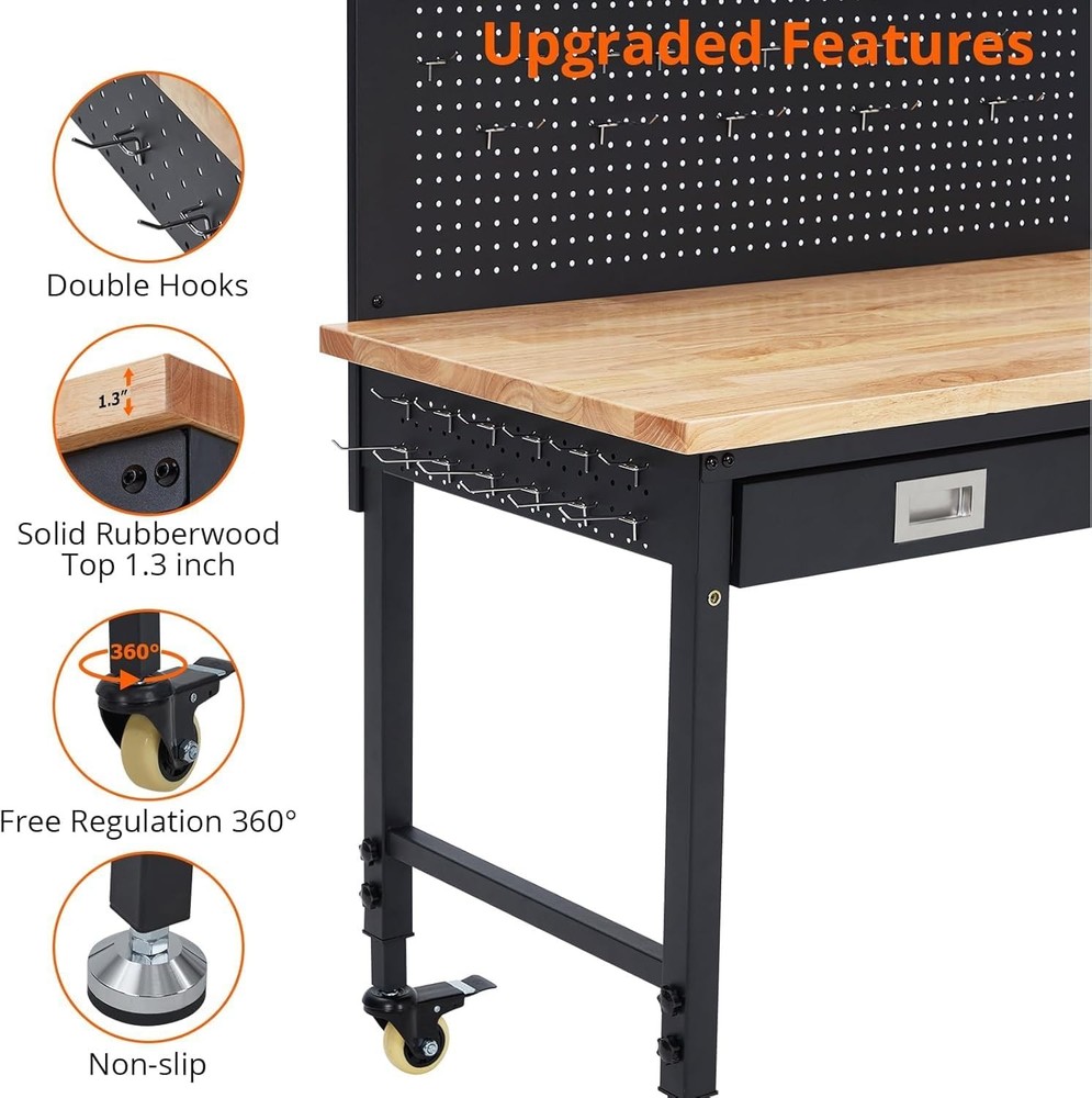 Multifunctional Adjustable Workbench 48"x24" w/ Pegboard Power Outlets & Wheels