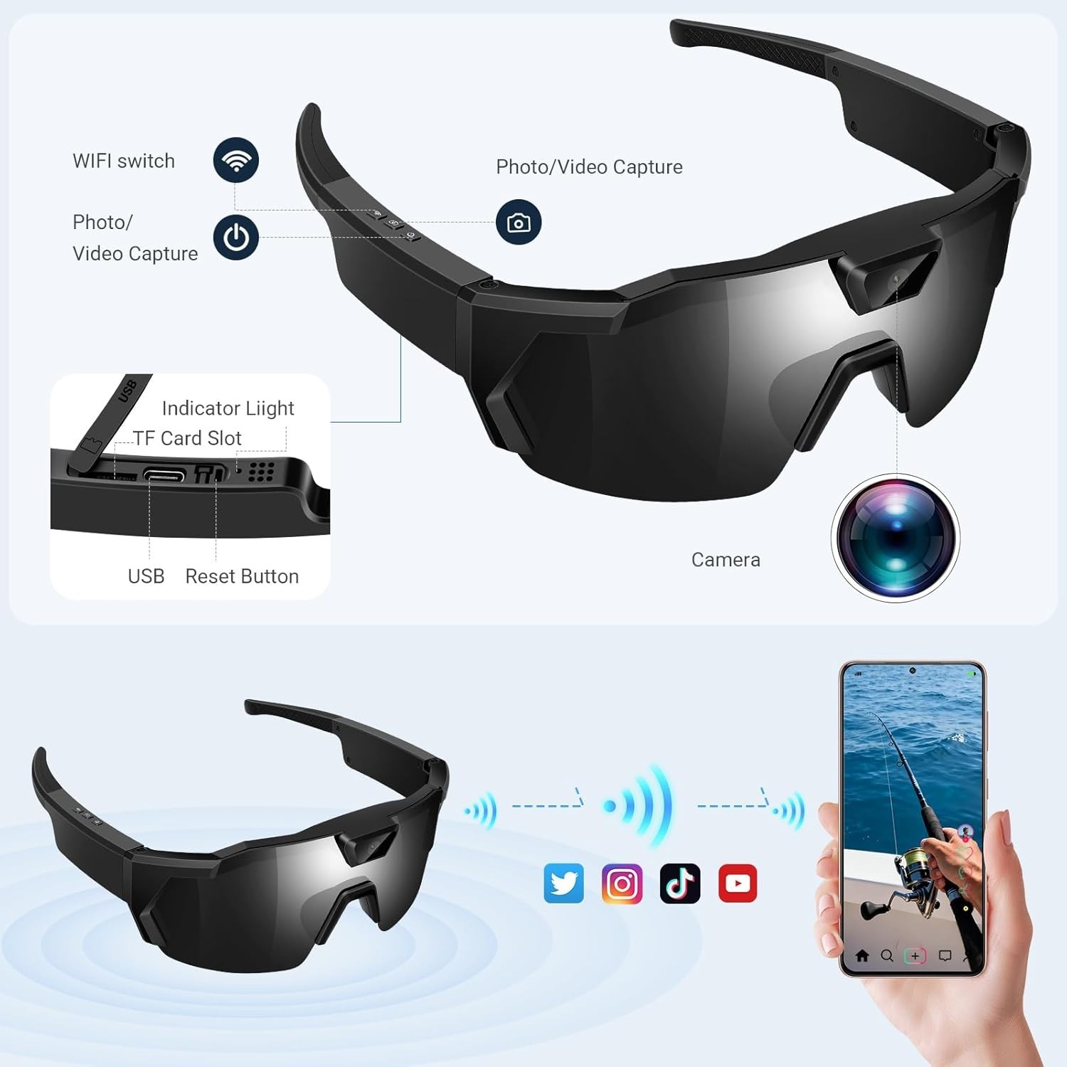 Smart Camera Glasses for Action Sports, HD Video Recording Glasses with 64GB Mem