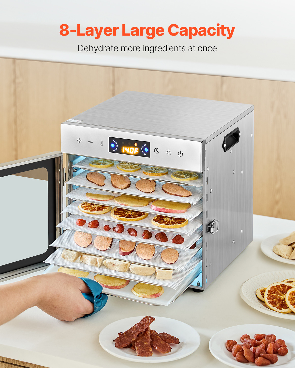 VEVOR 8 Trays Food Dehydrator Machine Stainless Steel 400W Jerky Fruit Drying