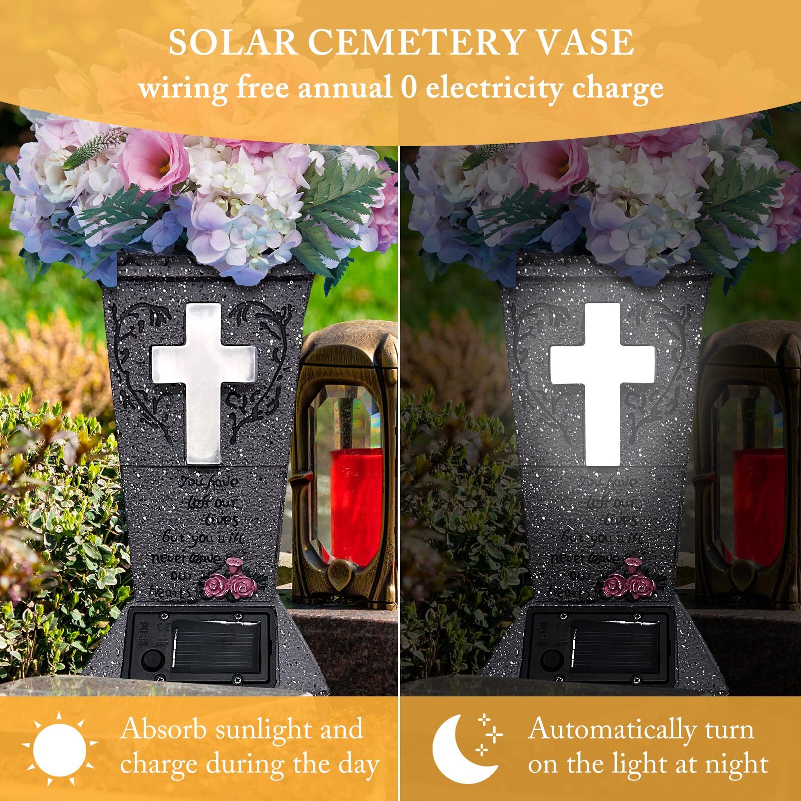 Solar Cemetery Vase with LED Cross Lamp Memorial Flower Holder with Spike Hea...