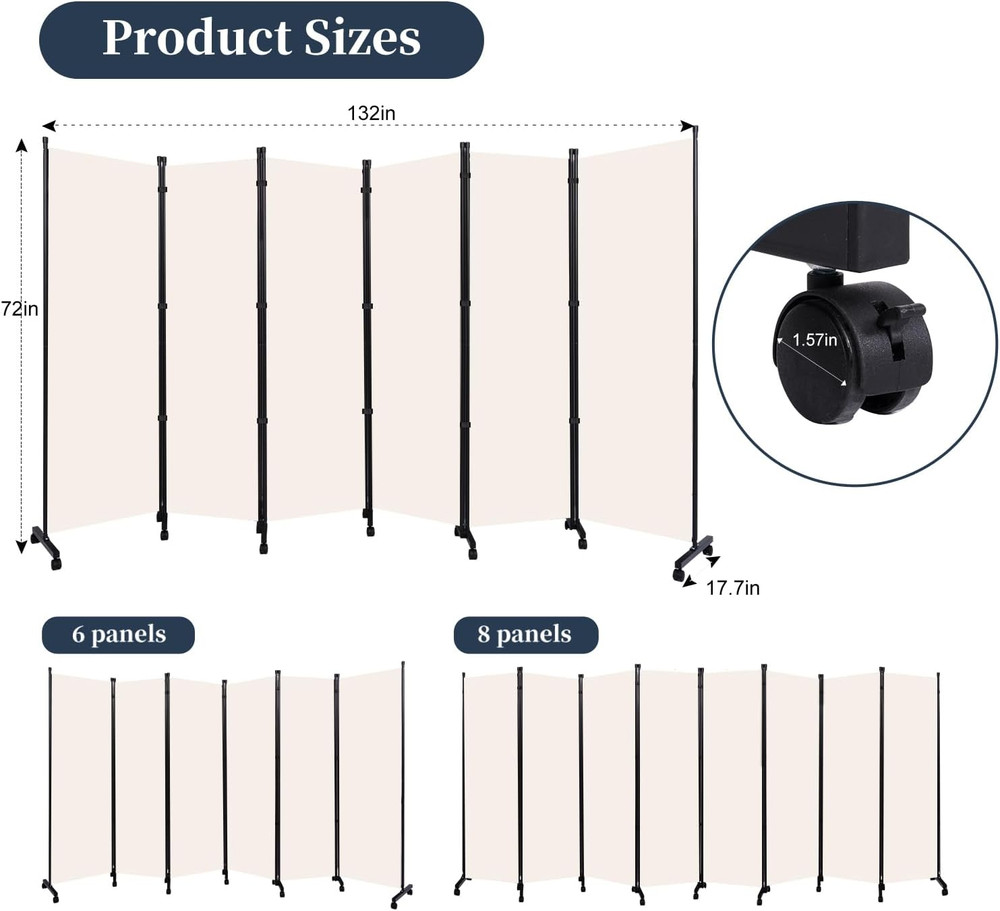 Folding Room Divider with Lockable Wheels - 132'' Privacy Screen Panel