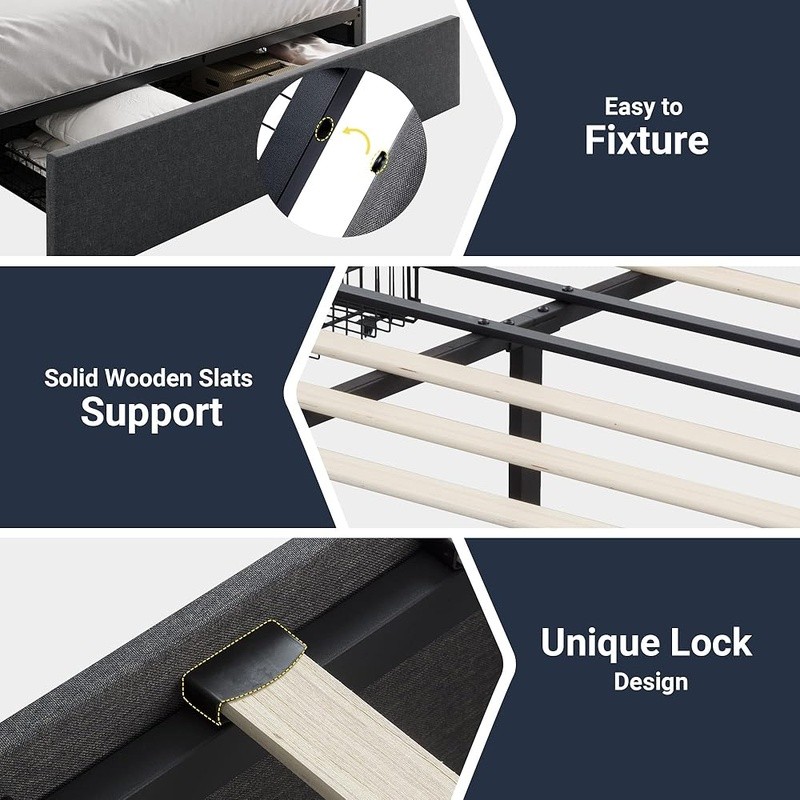 Modern Metal Bed Frame W/ Storage Drawers Customizable Headboard Easy Assembly