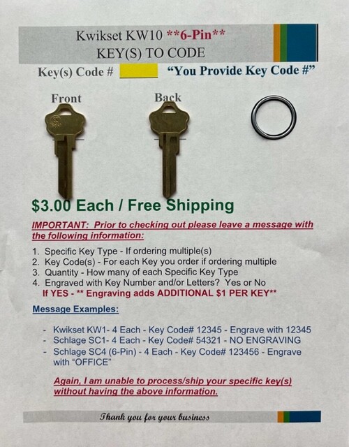 Kwikset Schlage American Yale - Keys Cut to Code - Computerized Cut - 4 Total