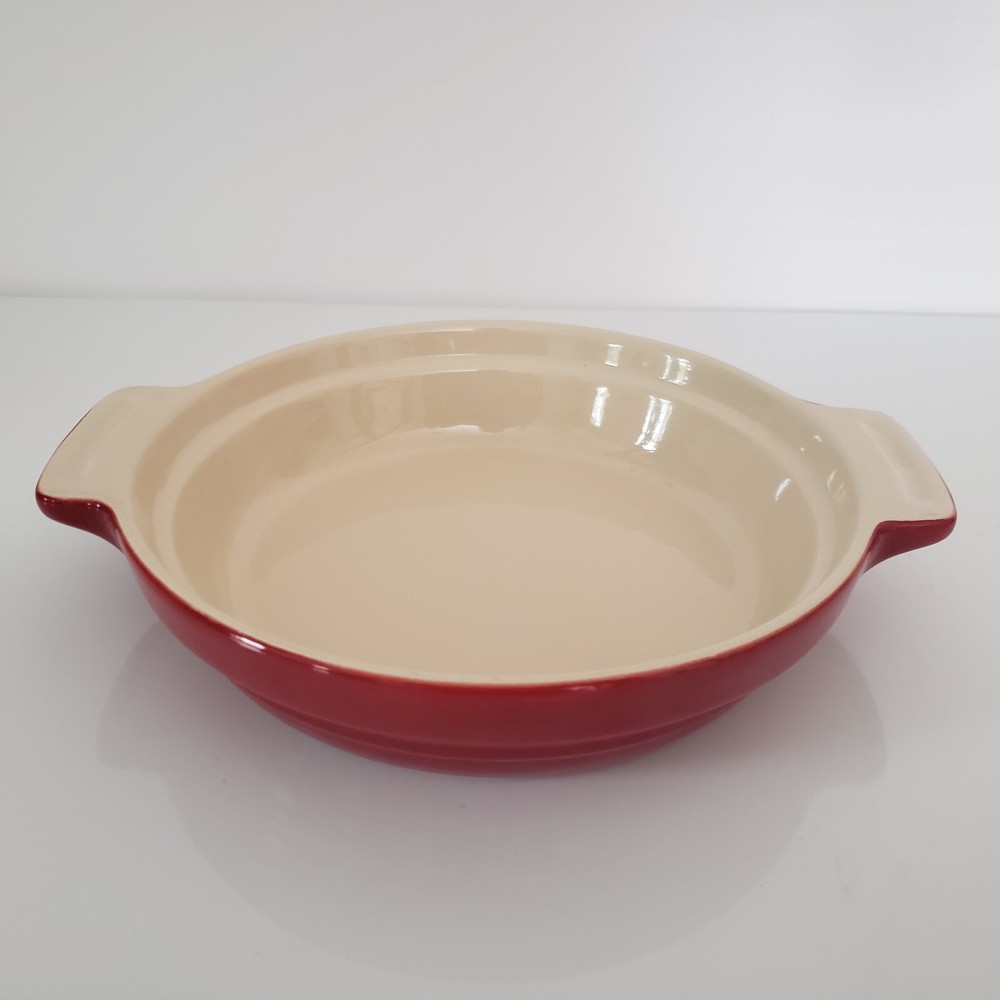 Olive & Thyme 1qrt Red/Beige Round Stoneware Baking Dish 8.5" Diameter 2" Deep