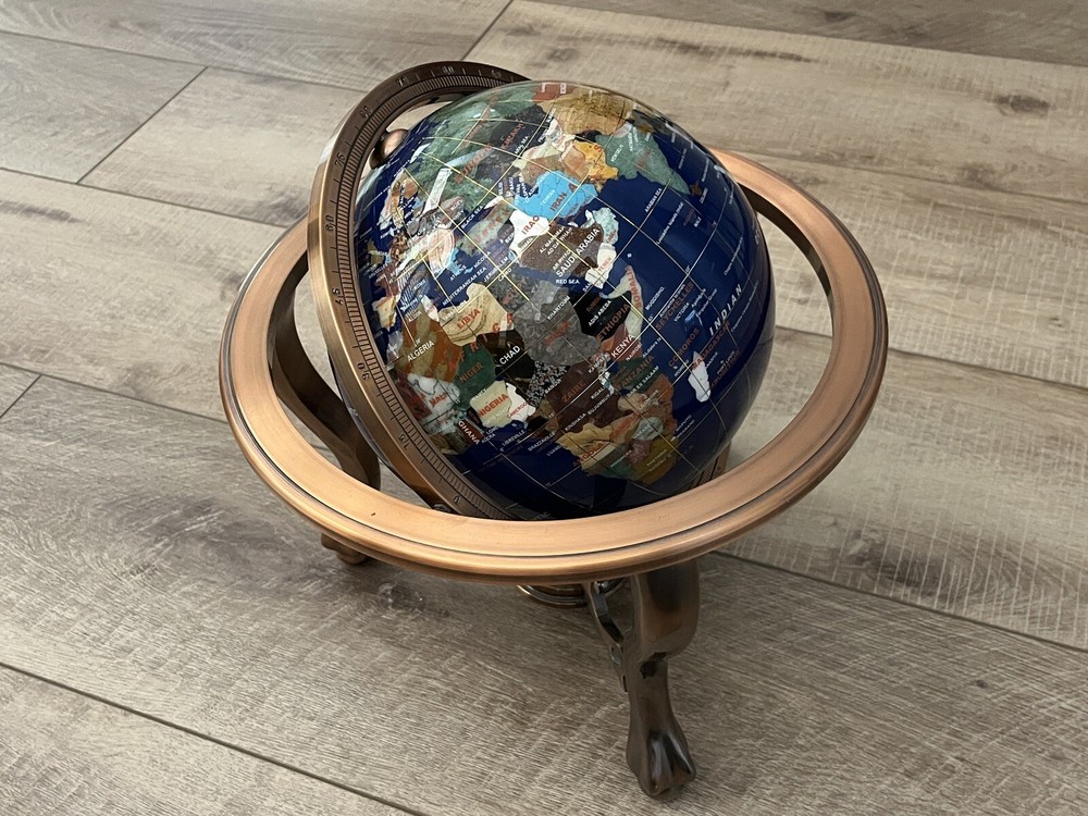 Blue Lapis Rotating Globe Precious Inlaid Stone Solid Brass w/ Compass