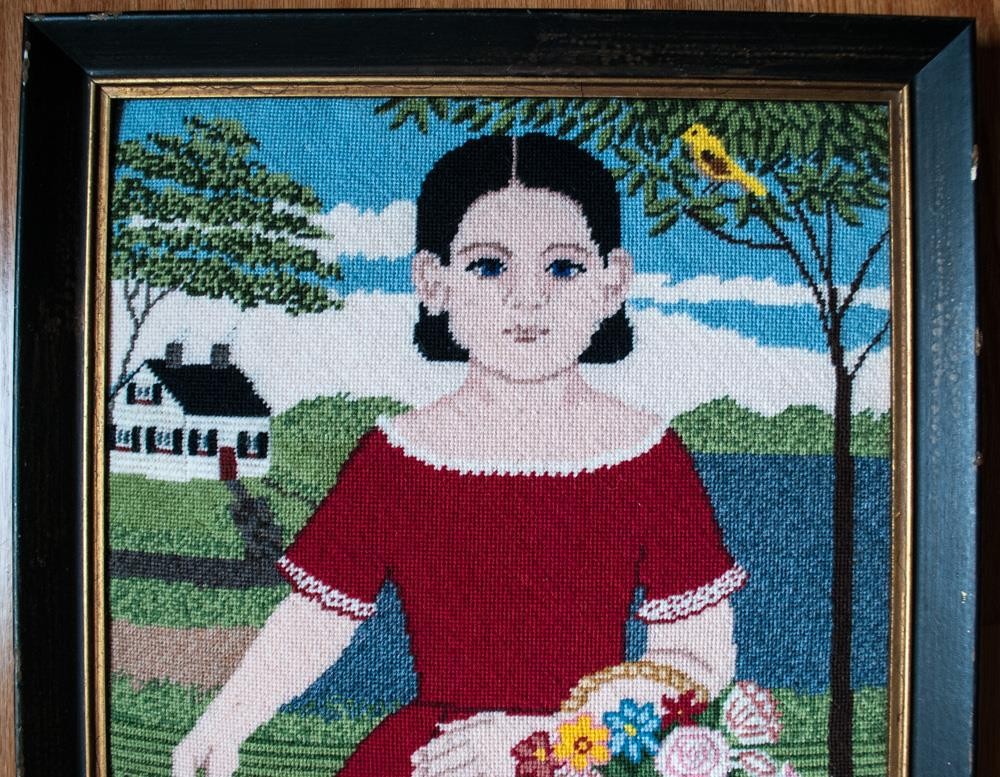 Finished Rectangular Needlepoint Portrait Girl 27x17 Framed